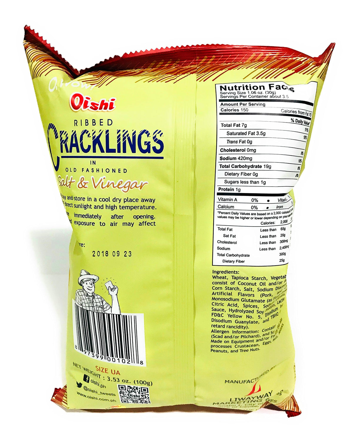 Oishi Cracklings salt and vinegar 90g 3-pack, convenient snack for gatherings.