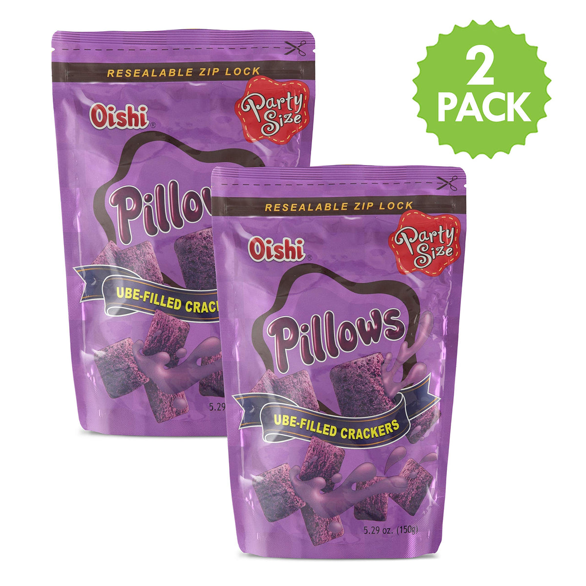 Oishi Pillows Ube Filled Crackers close-up of crisp texture.
