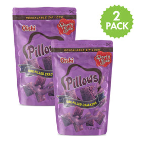 Oishi Pillows Ube Filled Crackers close-up of crisp texture.