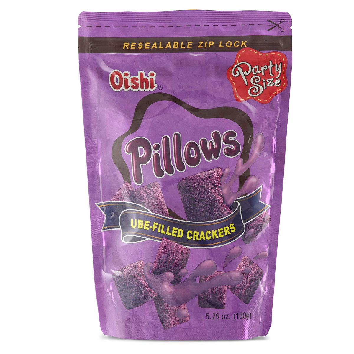 Oishi Pillows Ube Filled Crackers two-pack box for convenient snacking.
