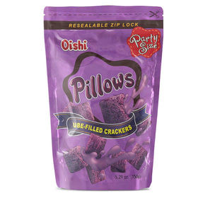 Oishi Pillows Ube Filled Crackers two-pack box for convenient snacking.