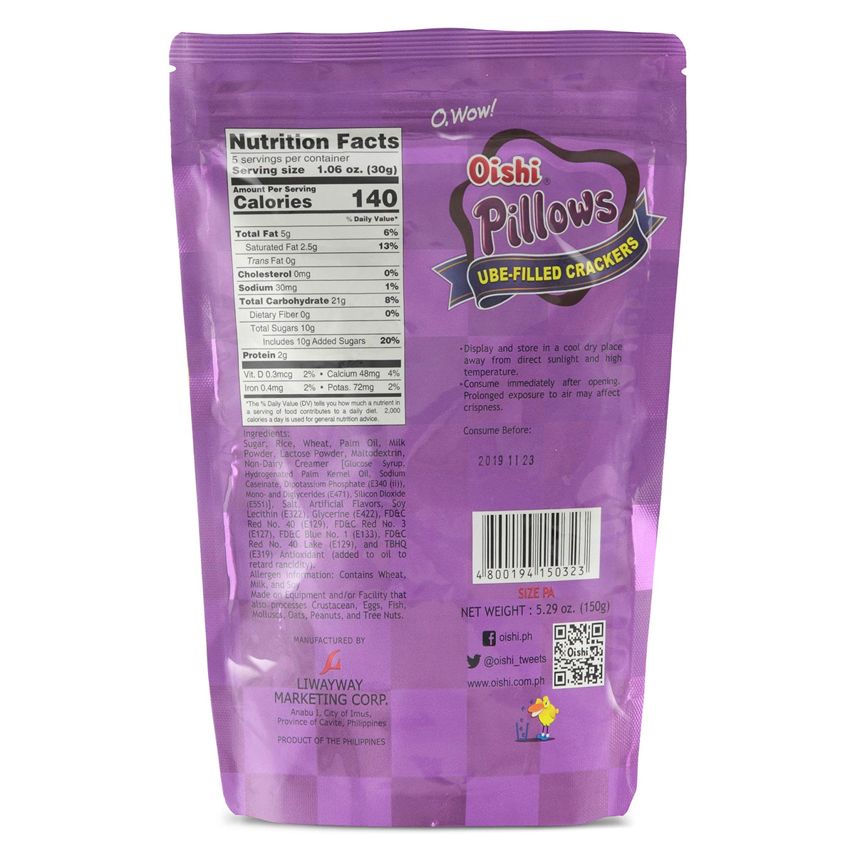 Oishi Pillows Ube Filled Crackers creamy ube filling close-up.