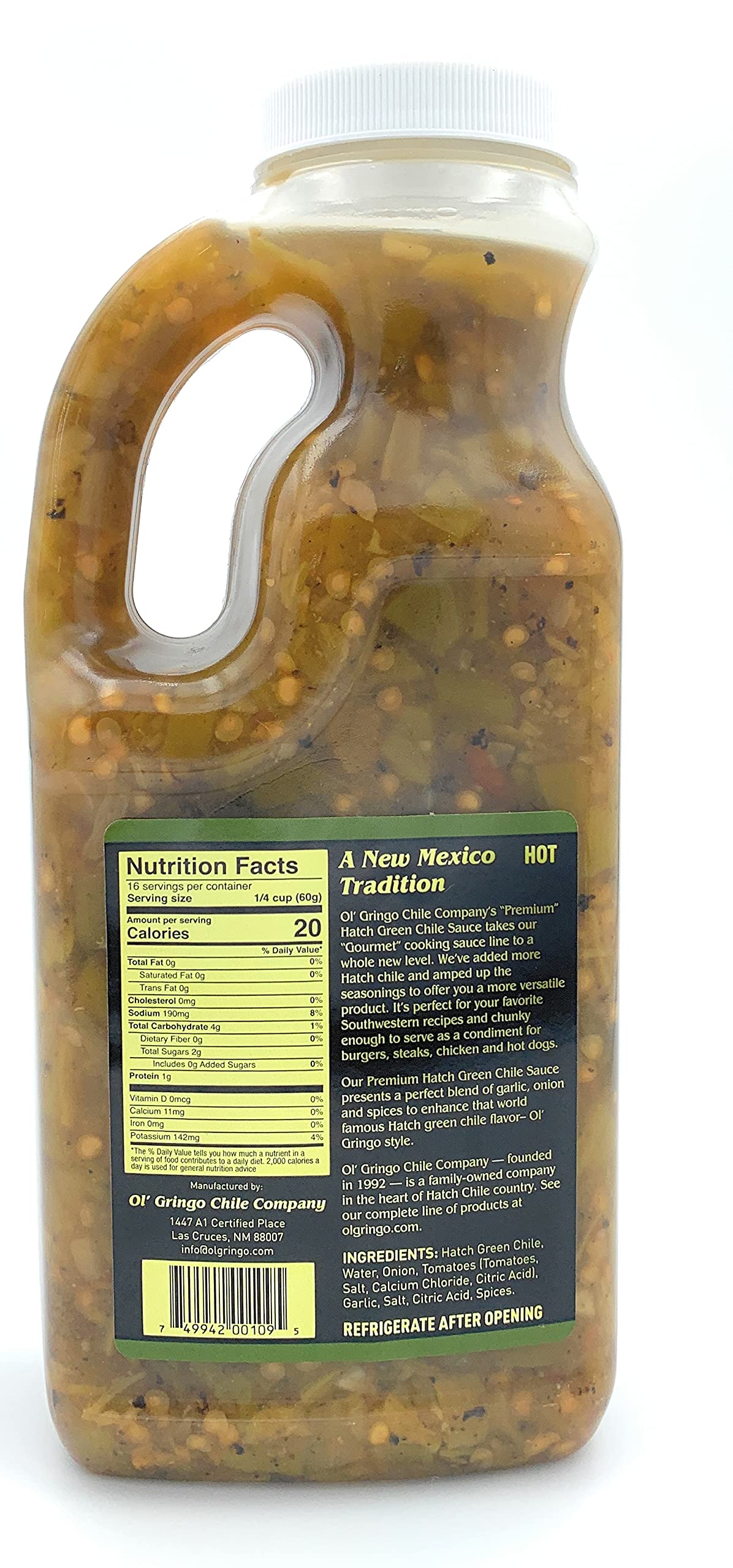 Ol' Gringo Chile Company Premium Hatch Green Chile Sauce bottle pour highlighting smoky flavor for burgers
