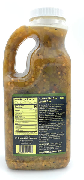 Ol' Gringo Chile Company Premium Hatch Green Chile Sauce bottle pour highlighting smoky flavor for burgers