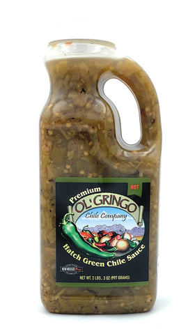 Ol' Gringo Chile Company Premium Hatch Green Chile Sauce bottle showing chunky texture for toppings