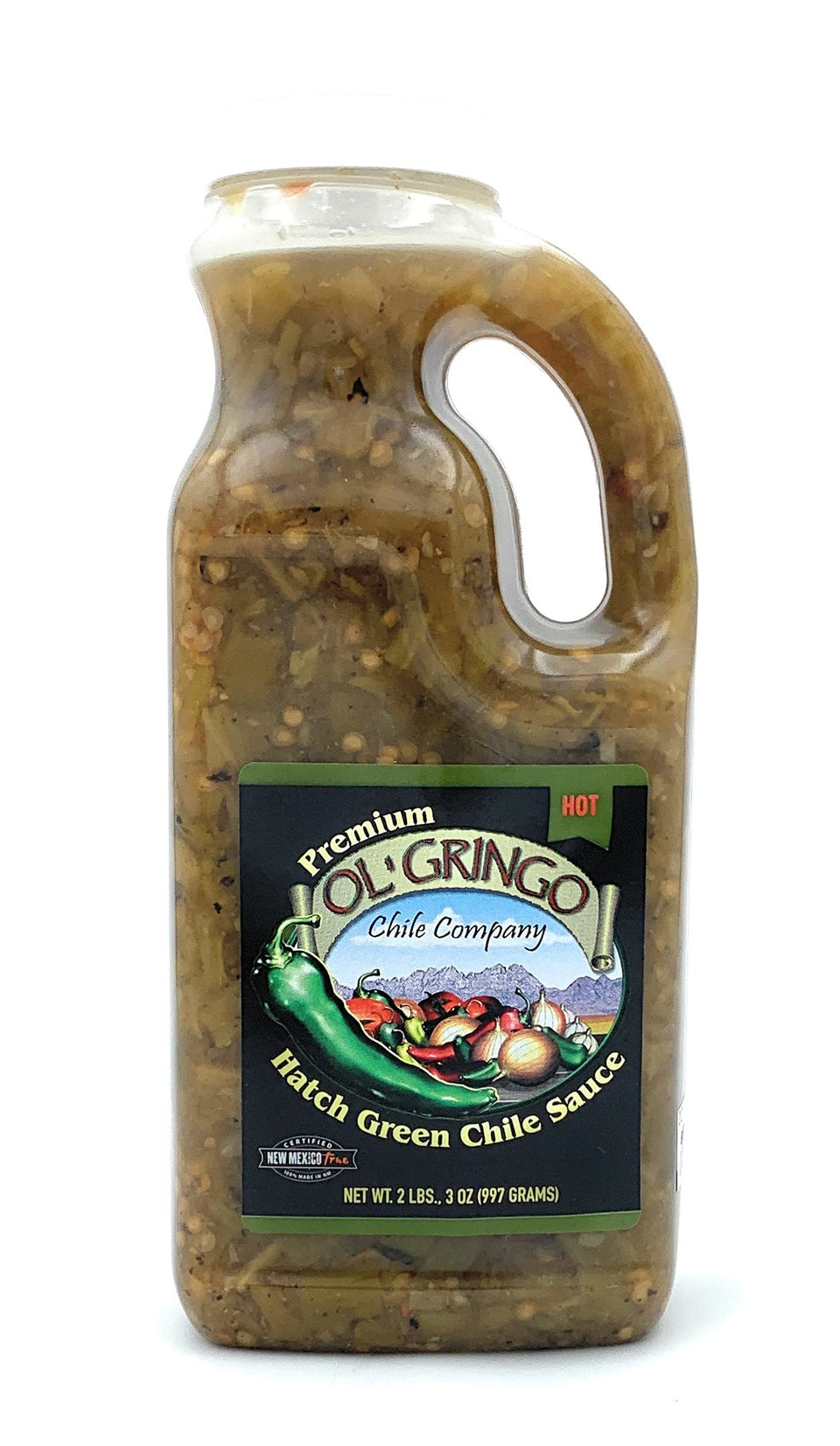 Ol' Gringo Chile Company Premium Hatch Green Chile Sauce bottle showing chunky texture for toppings