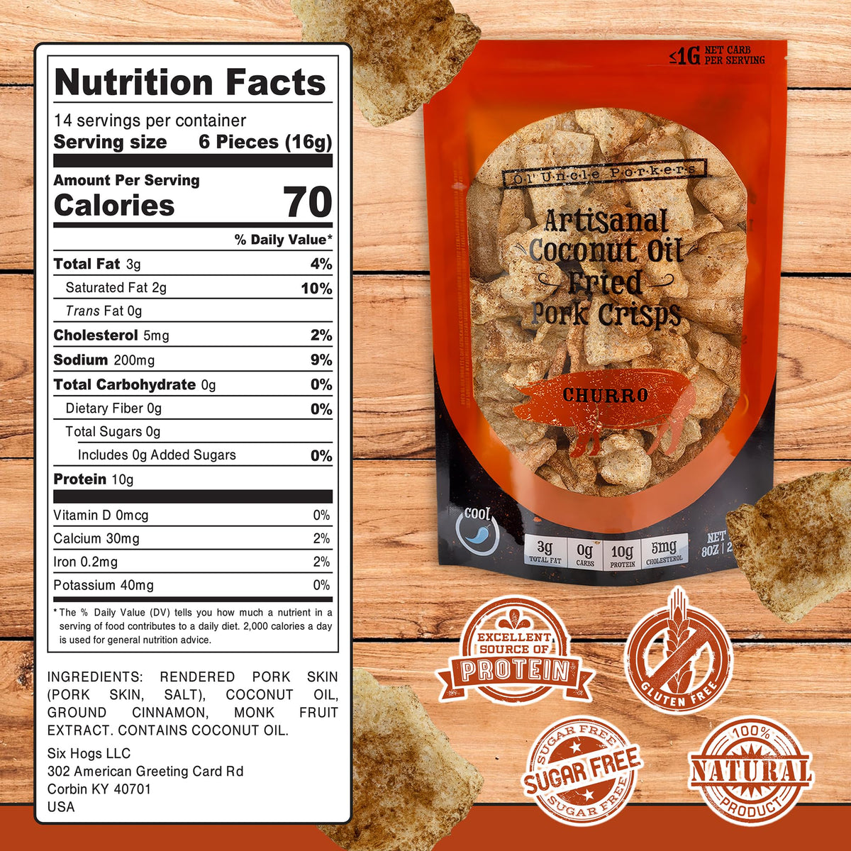 Ol' Uncle Porkers Cinnamon Churro pork rinds bag close-up highlights light, crispy texture