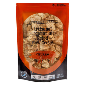 Ol' Uncle Porkers Cinnamon Churro pork rinds packaging front, keto-friendly snack ready to munch