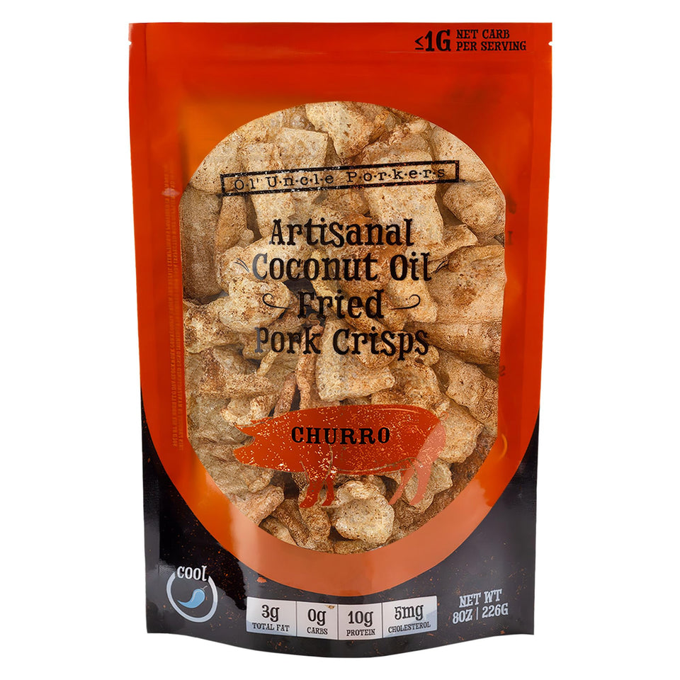 Ol' Uncle Porkers Cinnamon Churro pork rinds packaging front, keto-friendly snack ready to munch