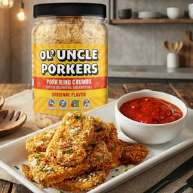 Ol' Uncle Porkers chicken tenders coated with crispy pork rind crumbs