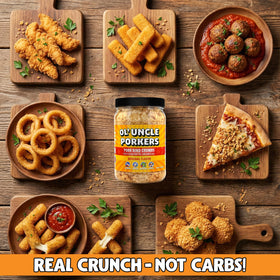 Ol' Uncle Porkers meatballs with savory crust made from pork rind crumbs