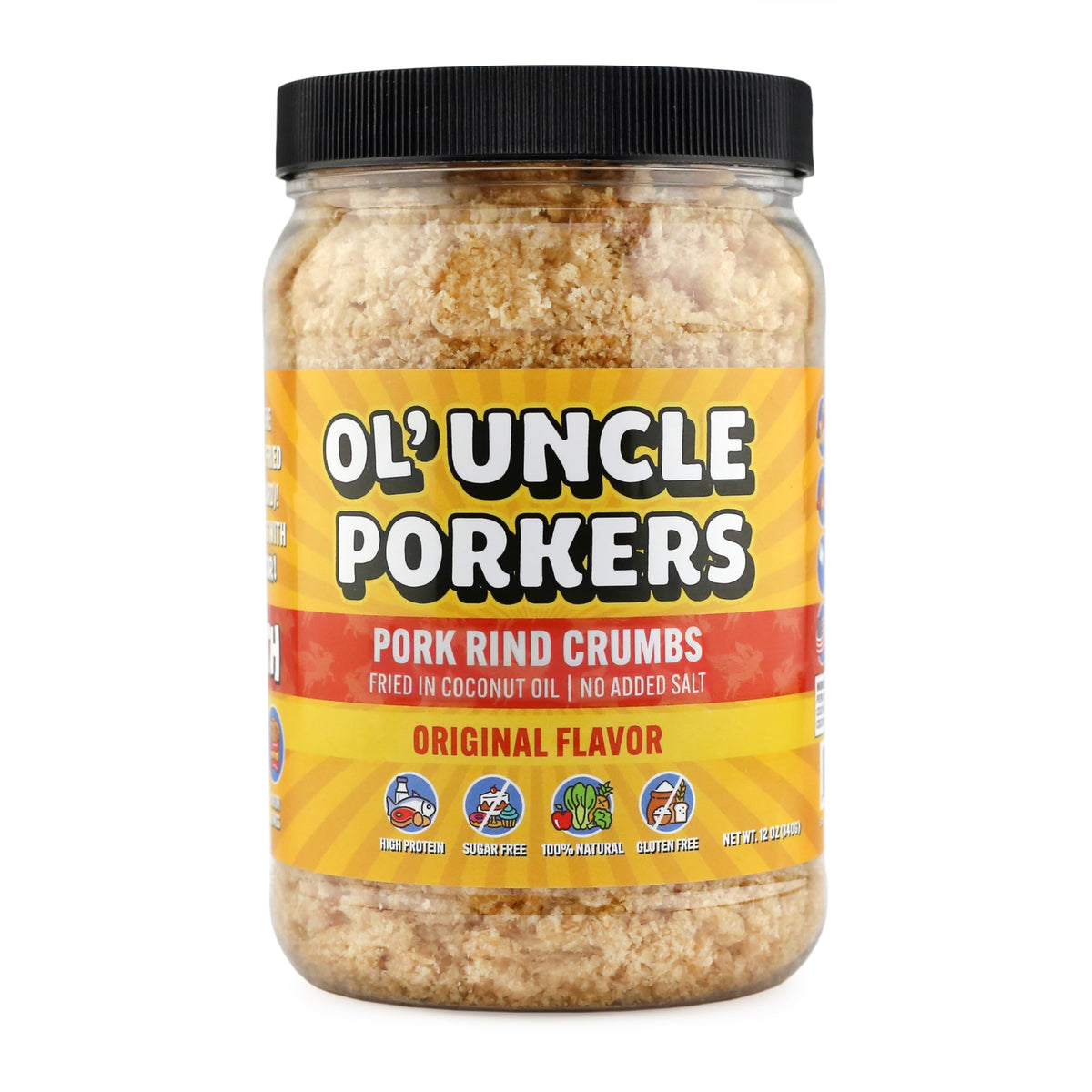 Ol' Uncle Porkers Original pork rind crumbs in jar closeup suitable for keto crunch
