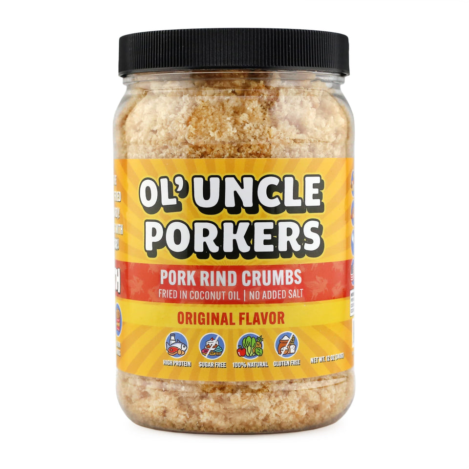Ol' Uncle Porkers Original pork rind crumbs in jar closeup suitable for keto crunch