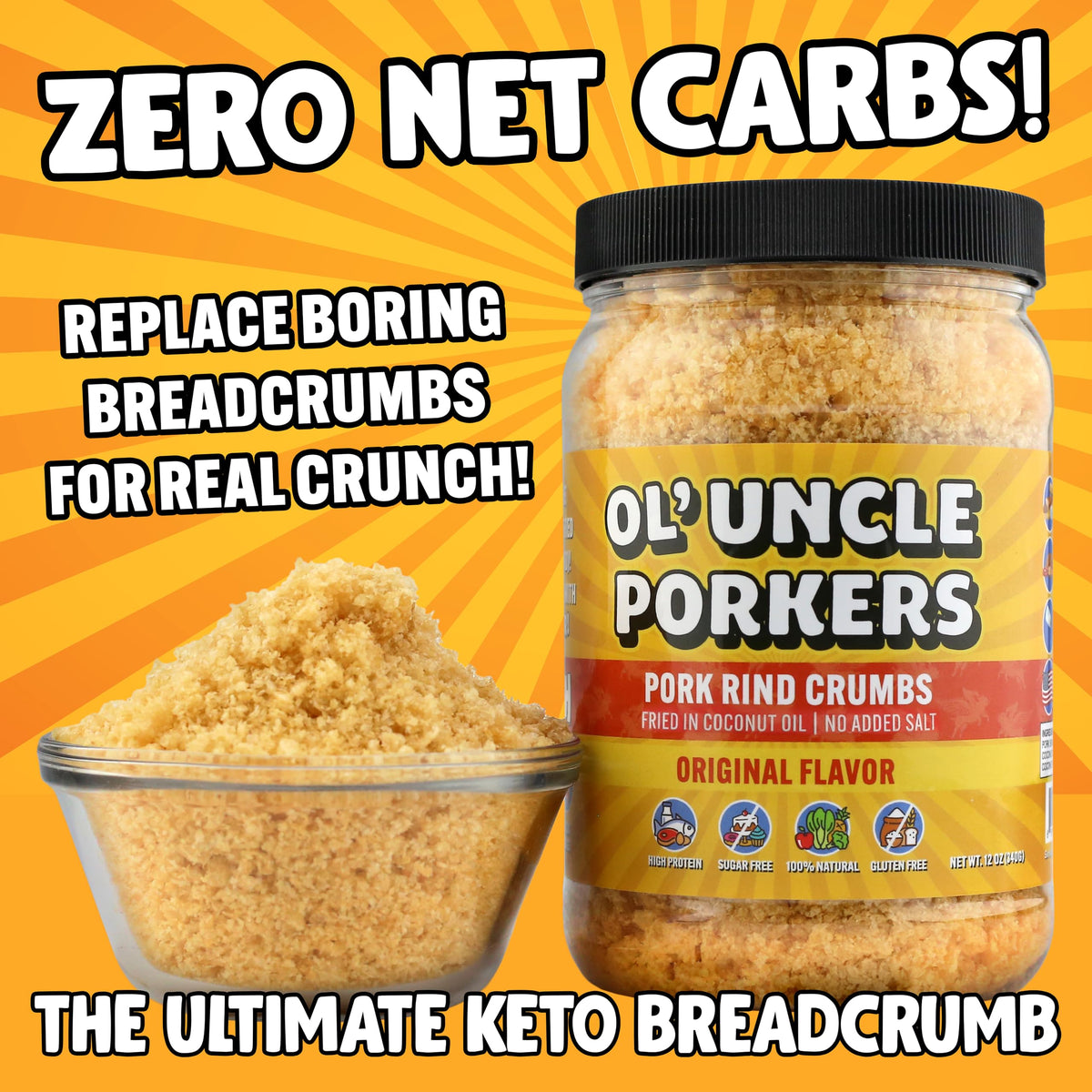 Ol' Uncle Porkers pork rind crumbs forming a gluten-free pizza crust