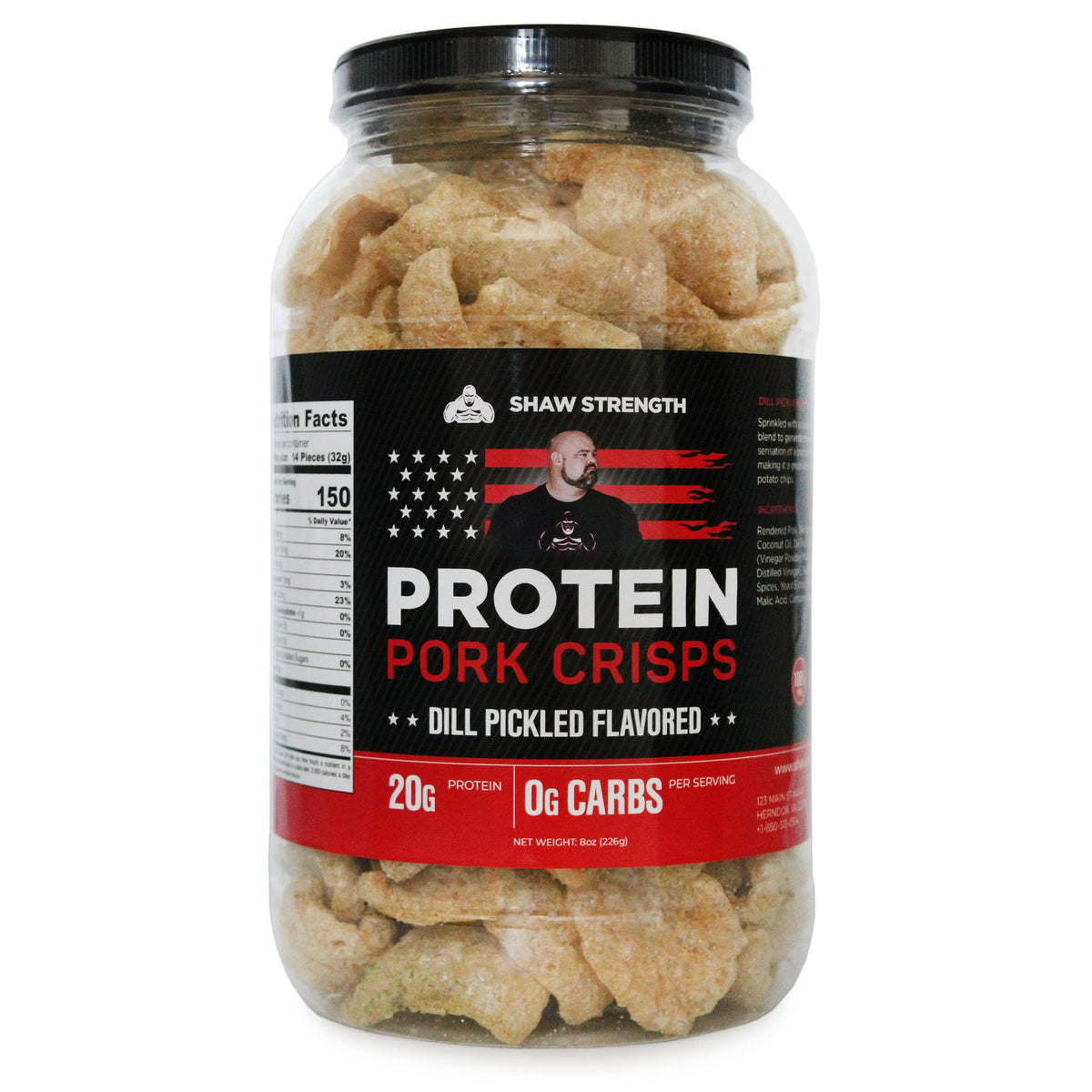 Ol' Uncle Porkers Shaw Strength pork rinds dill pickle pack showing high-protein keto snack
