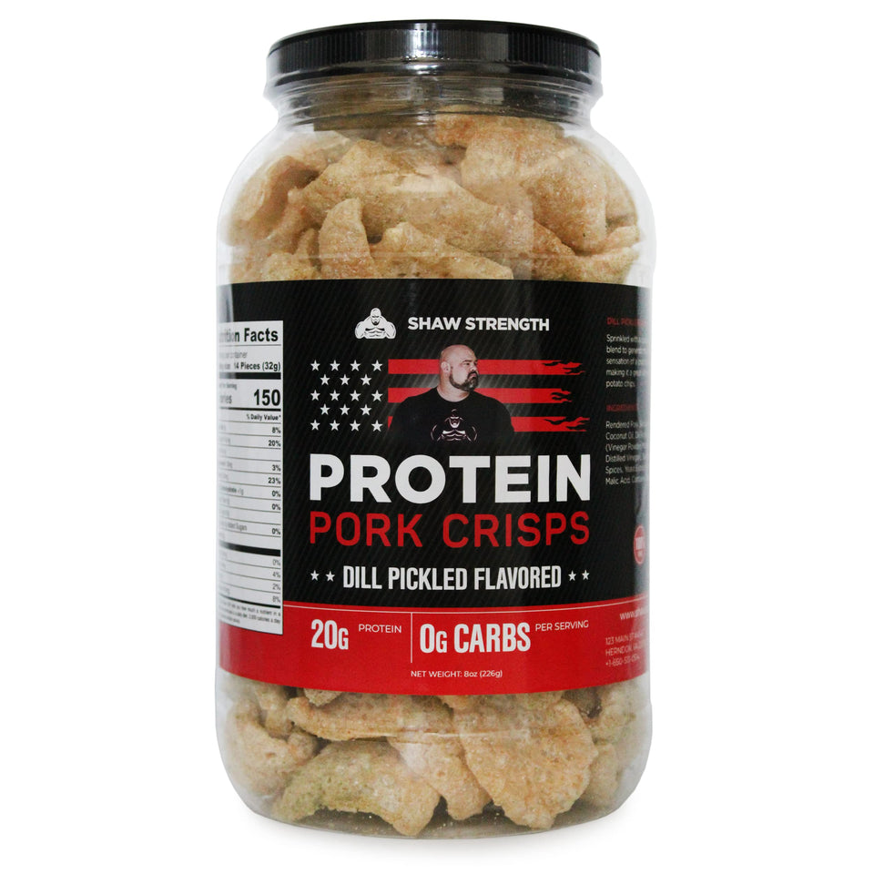 Ol' Uncle Porkers Shaw Strength pork rinds dill pickle pack showing high-protein keto snack