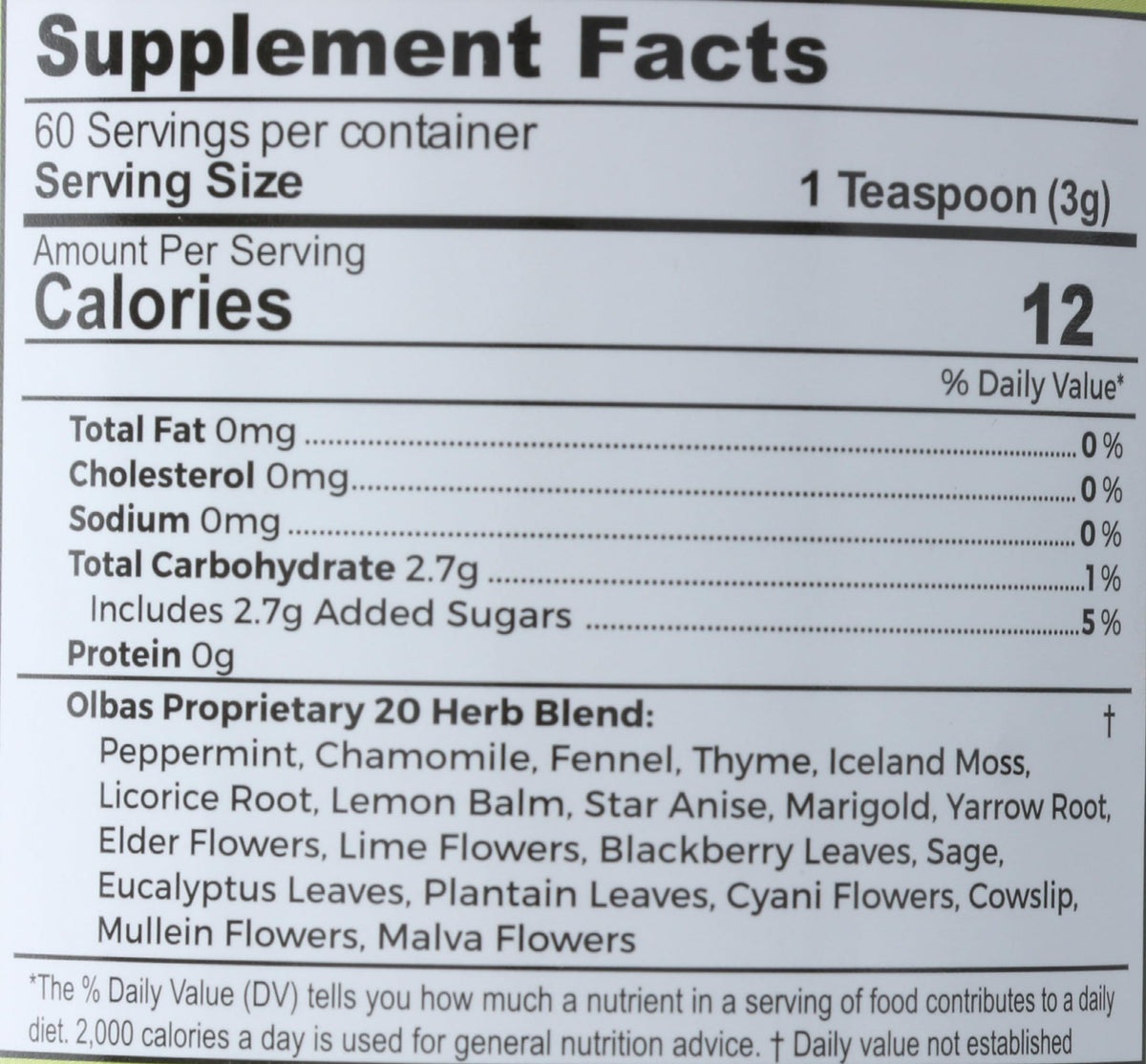 Olbas Herbal Tea Mix packaging, compact package for easy, on-the-go preparation.