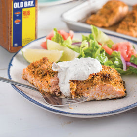 Grilled fish seasoned with OLD BAY Rub for savory, well-balanced notes.