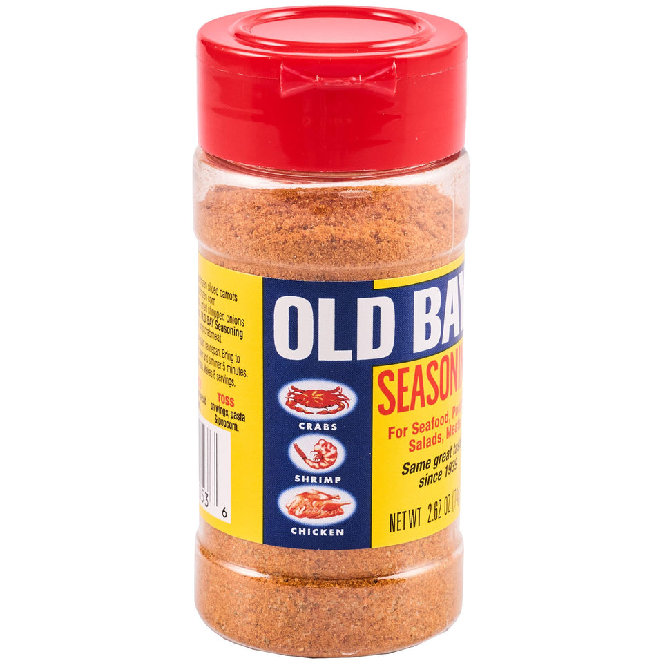 OLD BAY seasoning bottle closeup highlighting a versatile 18-herb blend for seafood