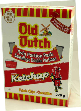 Old Dutch Ketchup Chips bag close-up; tangy ketchup flavor in every bite.