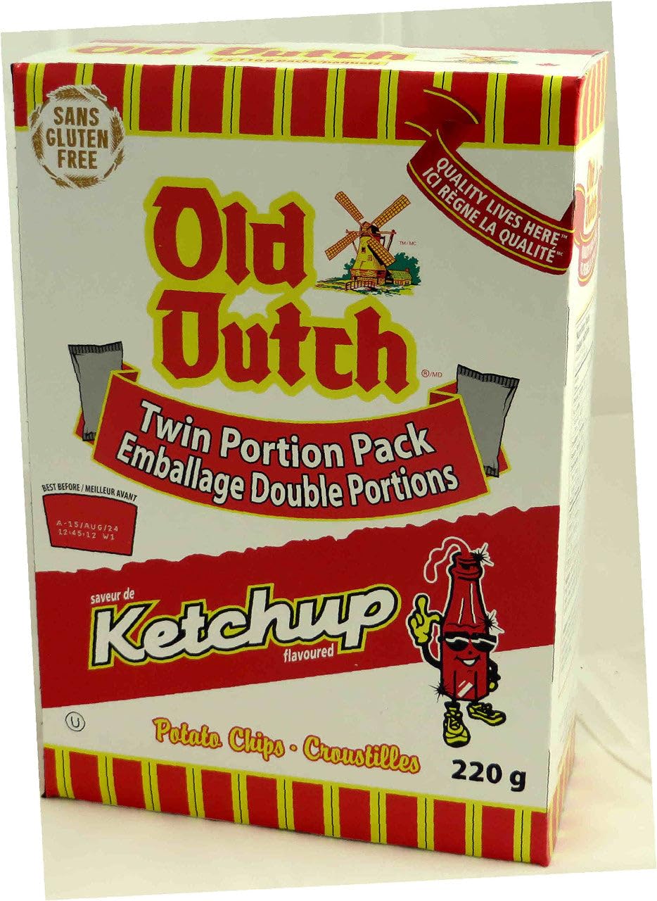 Old Dutch Ketchup Chips front-of-box; bold Canadian flavor for snack time.