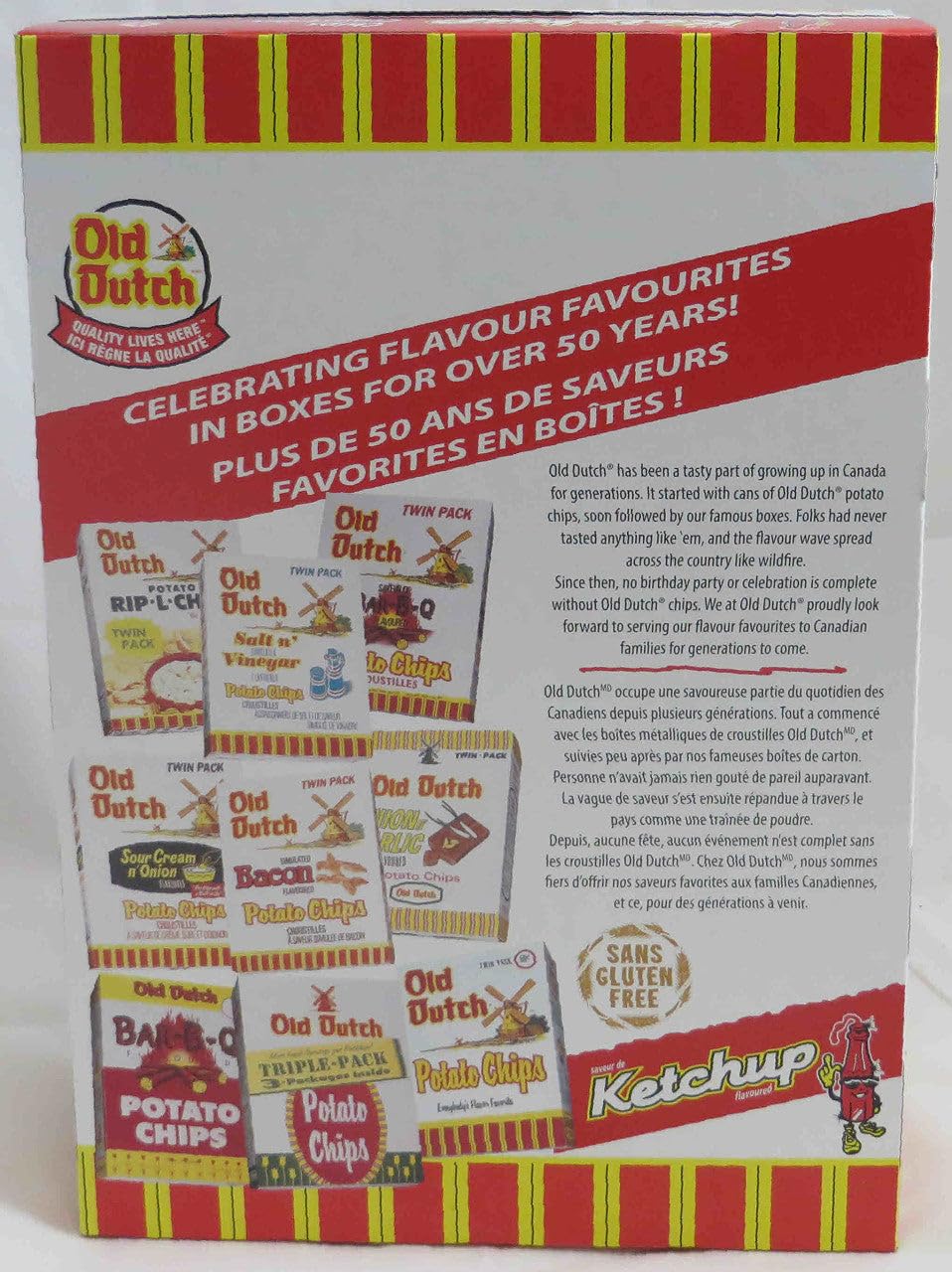 Old Dutch Ketchup Chips ingredients label; low saturated fat and trans fat-free.