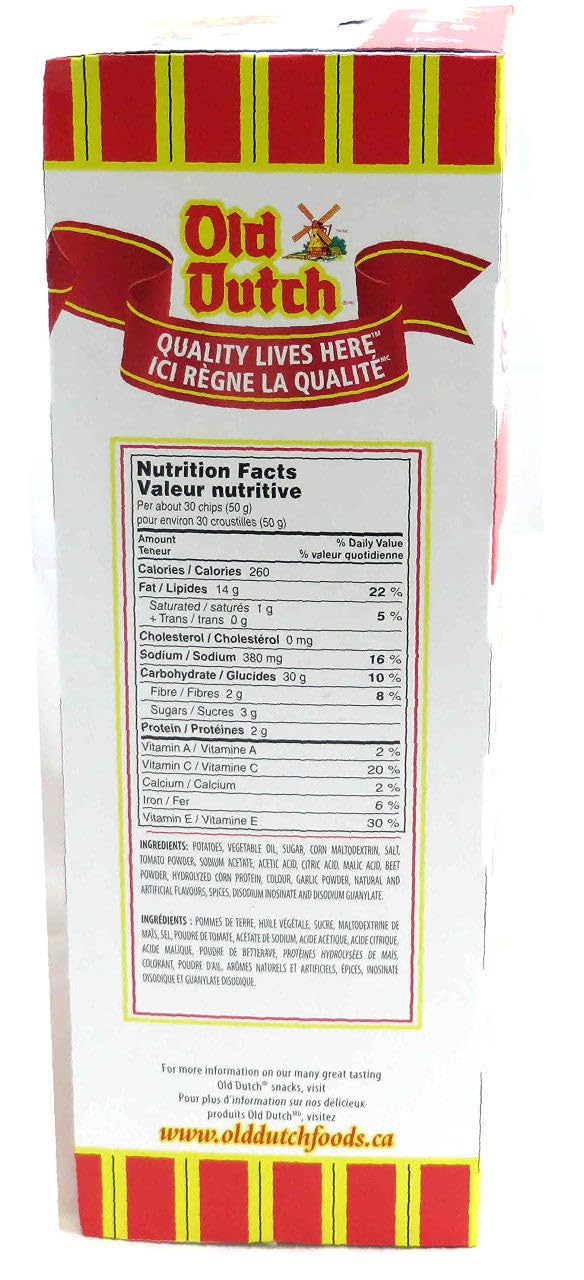 Old Dutch Ketchup Chips nutrition facts panel; kosher OU certified.