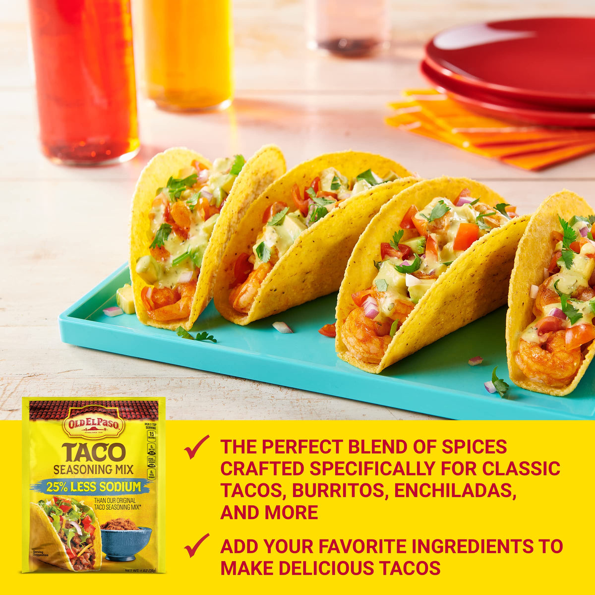 Old El Paso 25% less sodium label highlights a lighter seasoning option