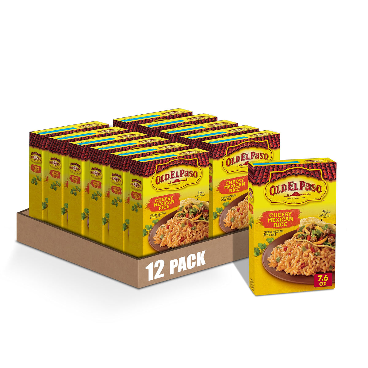 Old El Paso Cheesy Mexican Rice Mix packaging on shelf, convenient weeknight side.
