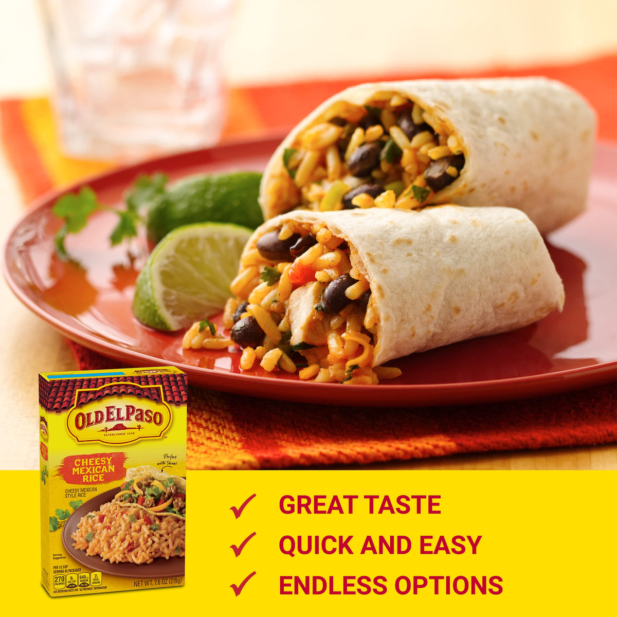 Old El Paso Cheesy Mexican Rice Mix served in a bowl, versatile side for meals.