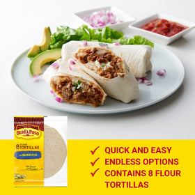 Old El Paso flour tortillas on counter ready for family burrito night