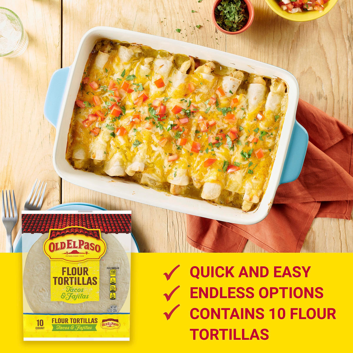 Old El Paso tortillas packaging on shelf, pantry-stable and convenient.