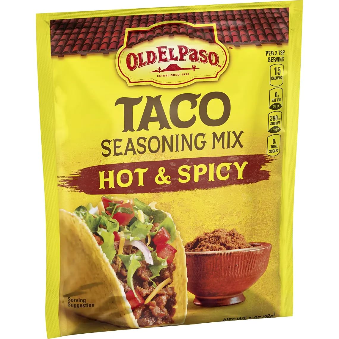 Old El Paso package closeup of hot and spicy seasoning, vibrant paprika and chili aroma.
