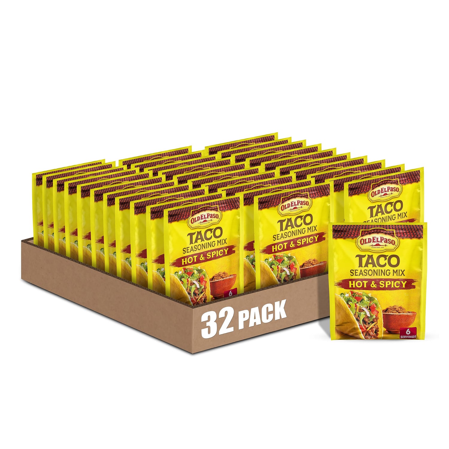 Old El Paso hot and spicy taco seasoning packet on counter for quick weeknight flavor.