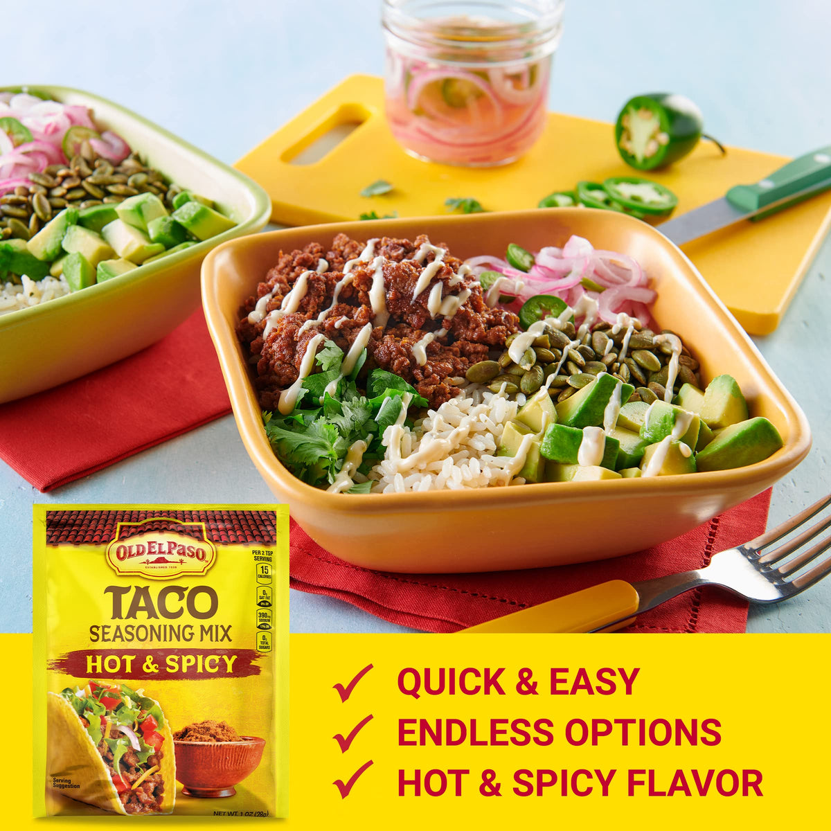 Old El Paso seasoned ground beef in pan with bold aroma.