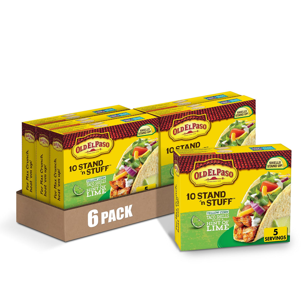 Old El Paso Stand 'N Stuff hint of lime shells in box, ideal for easy taco prep.