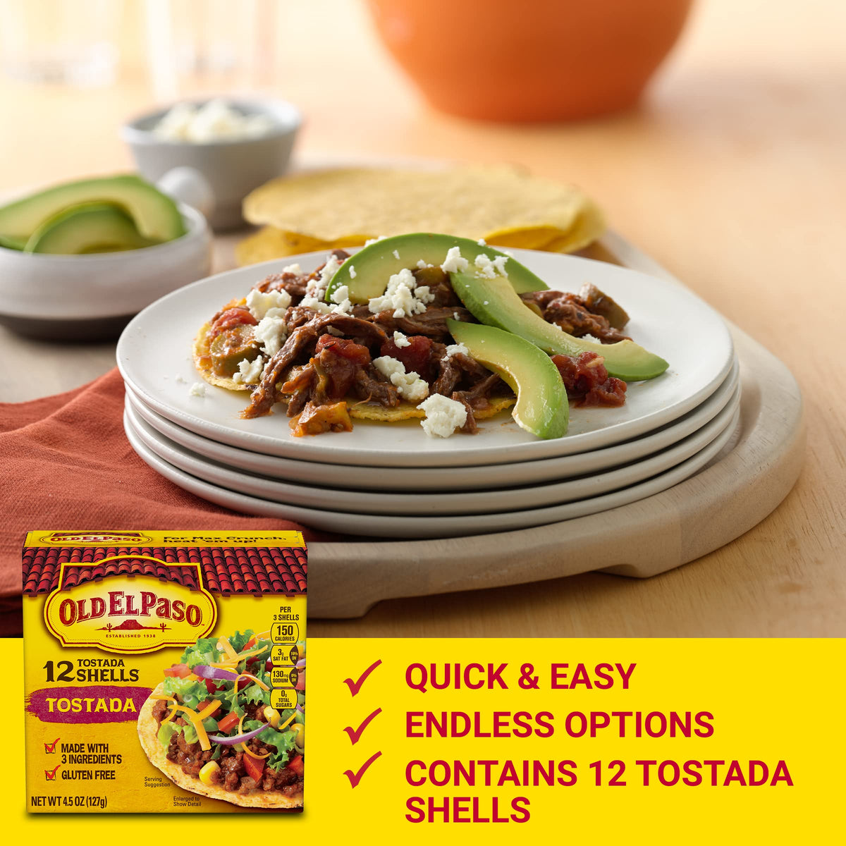 Tostada shells stacked with fillings using Old El Paso for a bold bite.