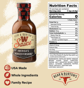 Bear and Burton's W Sauce 3pk bottle side highlights convenient pantry trio.