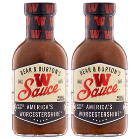 Bear and Burton's W Sauce bottle pour enhances steak night with rich, versatile flavor.