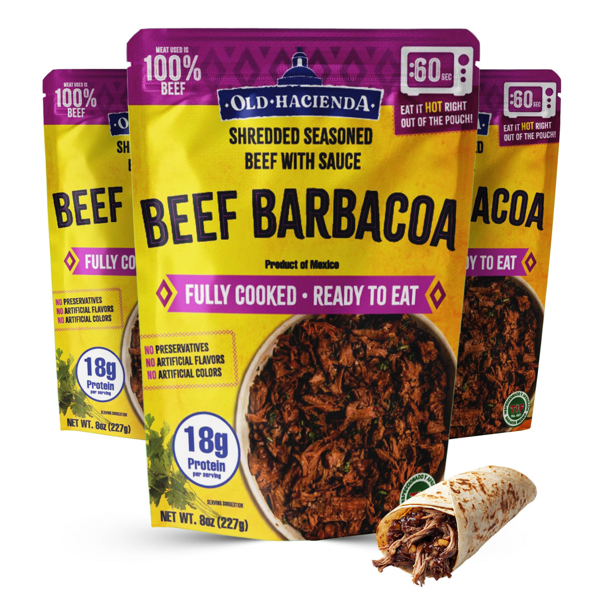 Old Hacienda Beef Barbacoa pouch ready to heat for quick meals.