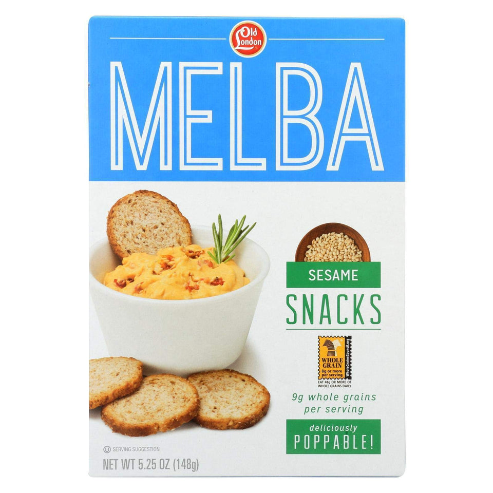 Old London Melba Snacks Sesame pack front showing convenient, ready-to-eat sesame crisps.