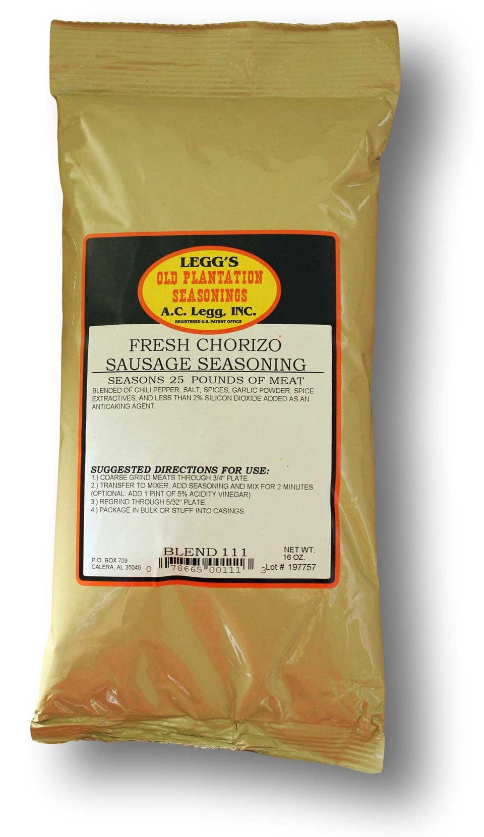 Old Plantation A.C. Legg chorizo seasoning 16oz packaging showing the product