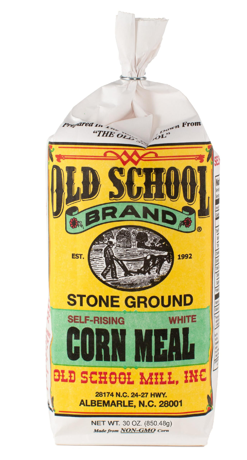 Old School Brand stone-ground cornmeal close-up for hearty cornbread and skillet dishes