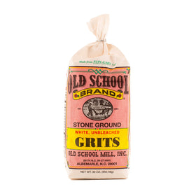 Old School Brand stone ground white corn grits bag, ideal for creamy southern breakfasts.