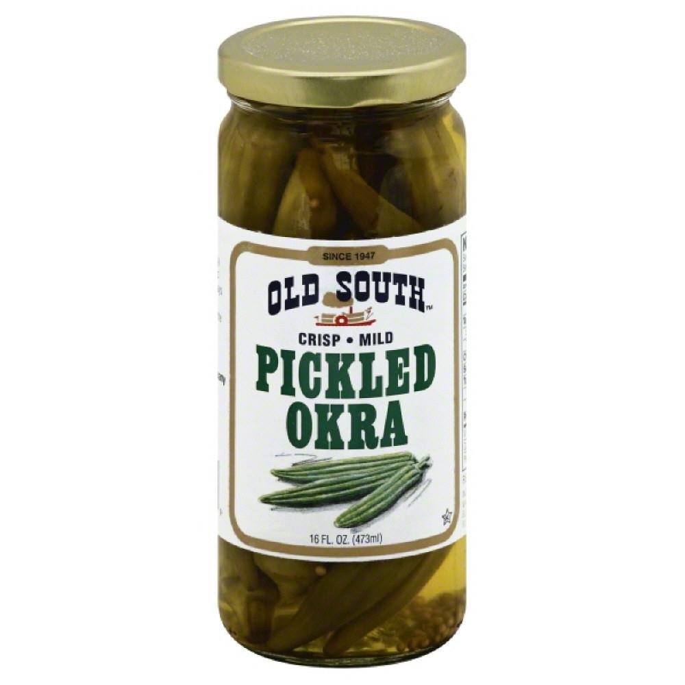 Old South Mild Pickled Okra jar, crisp and tangy, ideal for snacks and salads.
