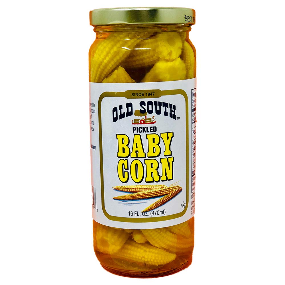Old South pickled baby corn jar with crisp spears, ideal for snacks or salads.