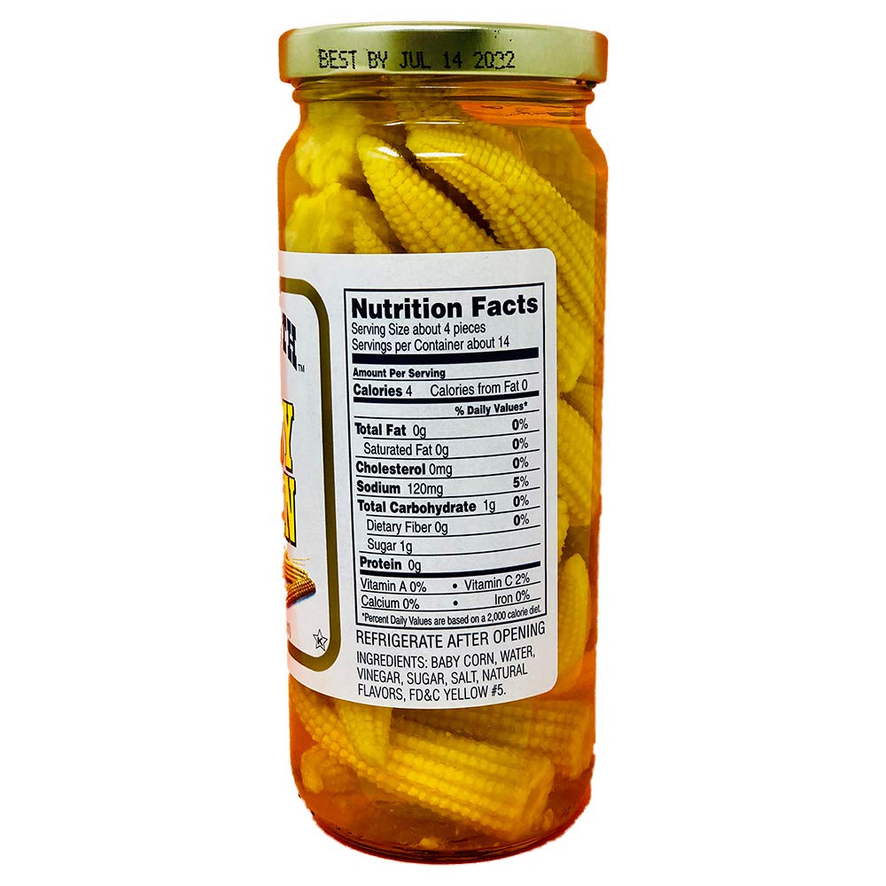 Old South pickled baby corn slices closeup, perfect for antipasto platters and quick bites.