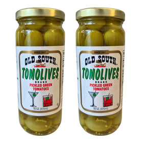 Old South Tomolives bottle with tangy pickled green tomatoes for cocktails
