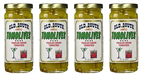 Old South Tomolives pickled green tomatoes in an 8-oz jar, ideal for snacking.