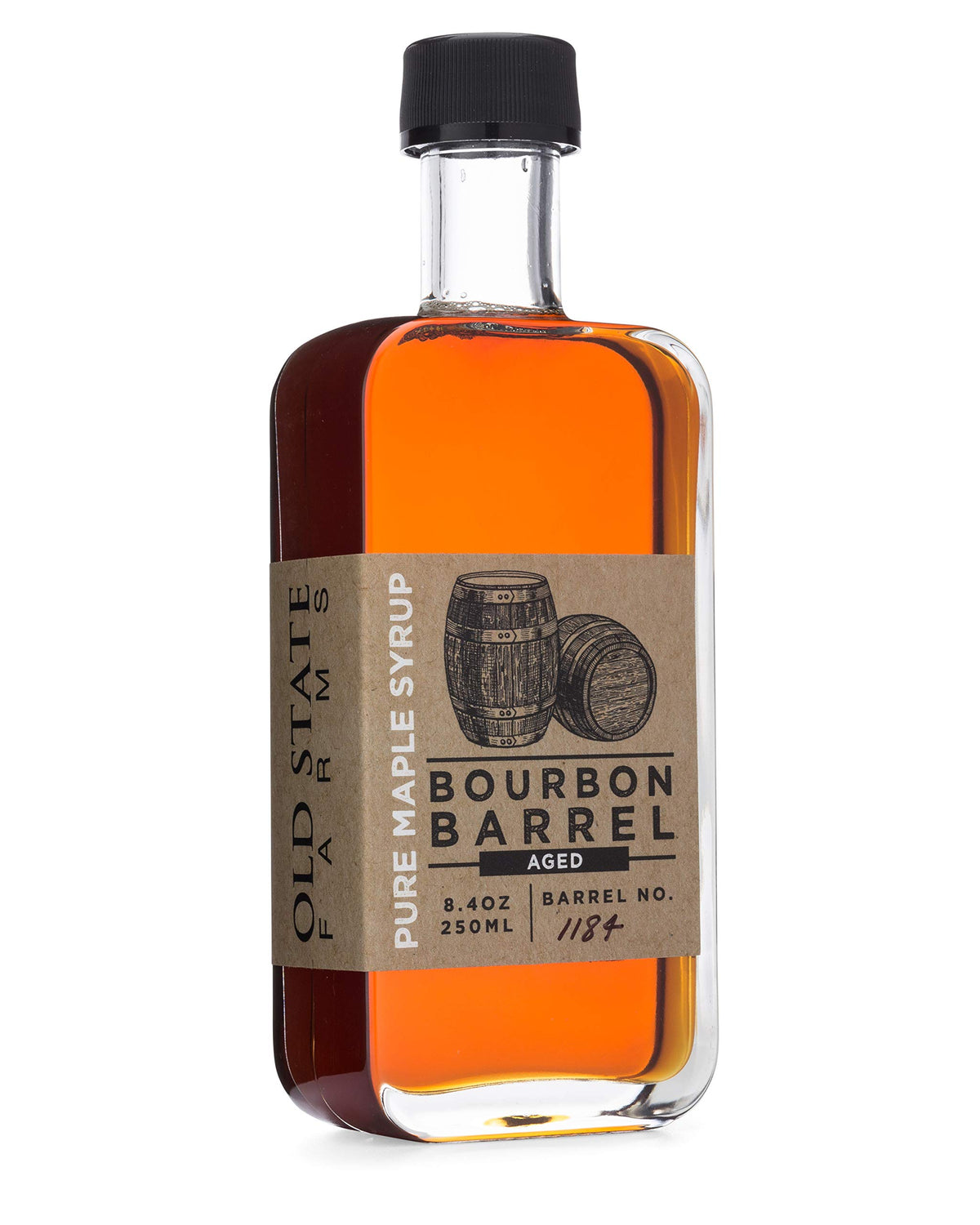 Old State Farms bourbon aged maple syrup bottle shows rich amber for versatile drizzling